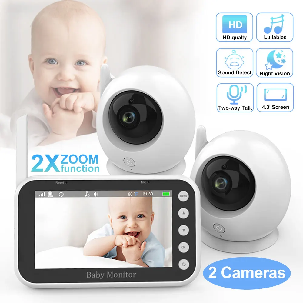 4.3 Inch Video Baby Monitor with 2 Cameras 720P Kids Babyphone Pan-Tilt-Zoom Nanny Camera 2-way Audio Night Vision BabySitter