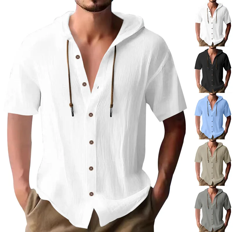 Tshirt man 2026 casual casual short-sleeved hooded fashionable button button open stitch hat loose beach T-shirt men's clothing