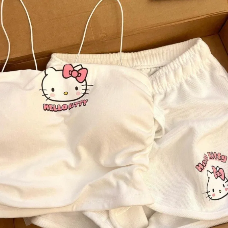 Sanrio Hello Kitty Pajama Set with Chest Pads and Suspenders Cool New Slim Fit Shorts Loungewear Bedroom Family Holiday Gifts