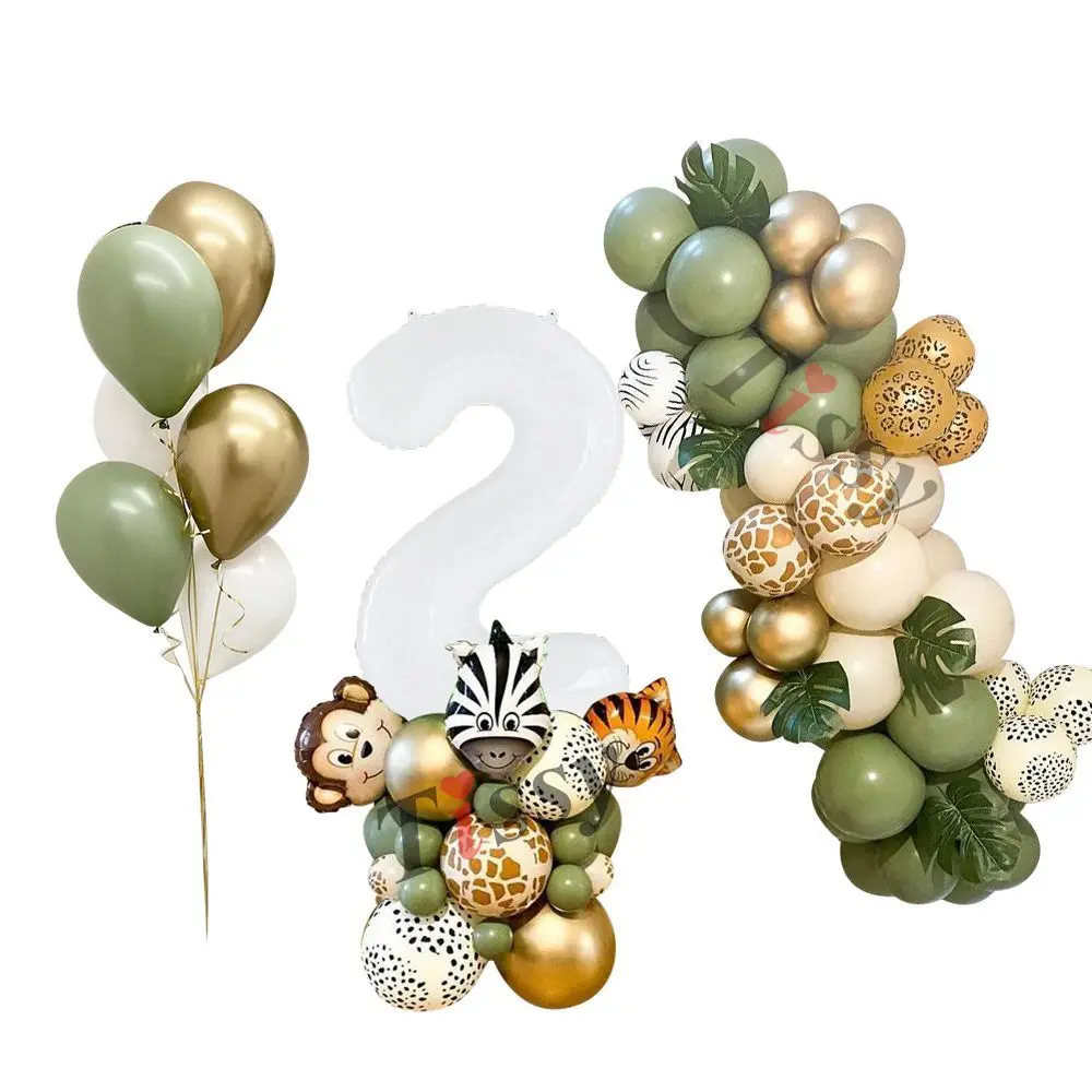 28pcs 1-9 White Number Balloon with Animal Foil Balloons Tower for Kids Jungle Safari Wild Animal Birthday Party Decorations