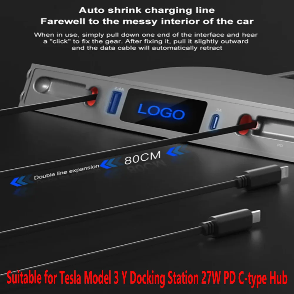 

Suitable for Tesla expansion base with 2 extendable charging cables, suitable for Tesla 3/Y type 27W PD fast charging, 100% suit