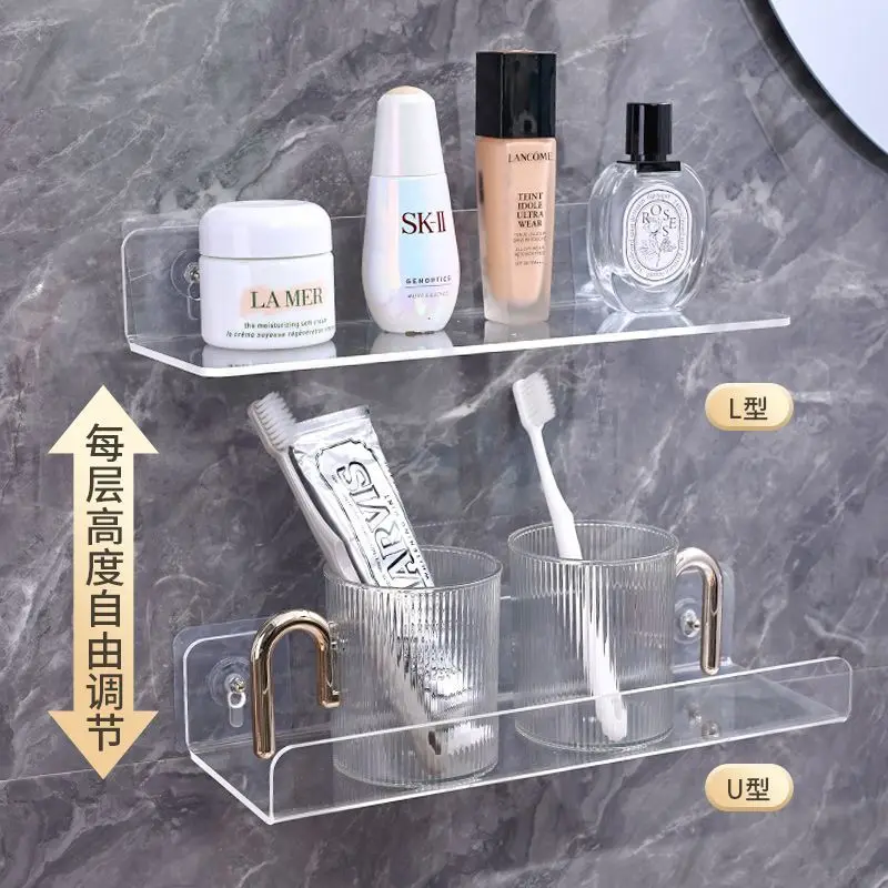 

Custom Acrylic Transparent No-Trace Adhesive Shelf No-Drill Wall-Mounted Storage Board Bathroom Wall Display Shelf