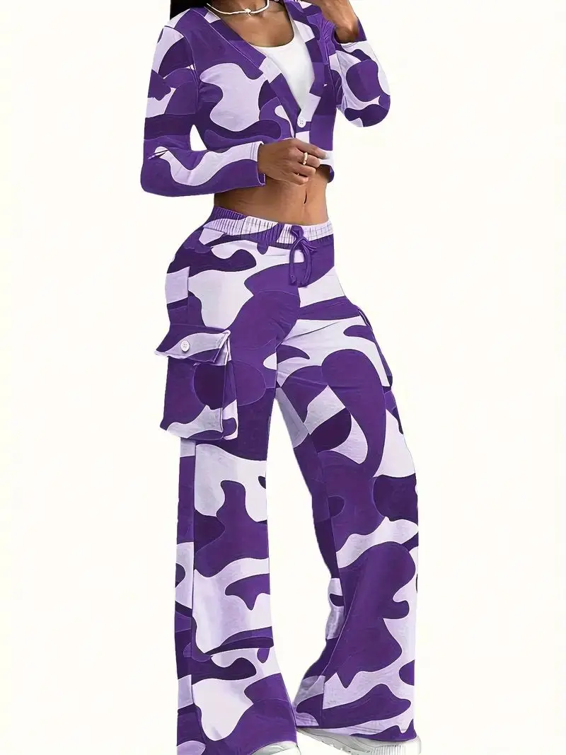 Casual Camo Print Two-Piece, Long Sleeve Single Button T-Shirt and Drawstring Flap Pocket Pants Apparel, Women's