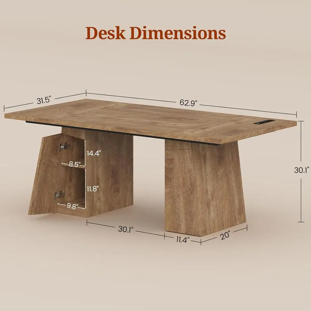 Oak Executive Desk with Power Outlets, Home Office Desk with Storage Cabinet, Business Workstation Desk, Conference Table
