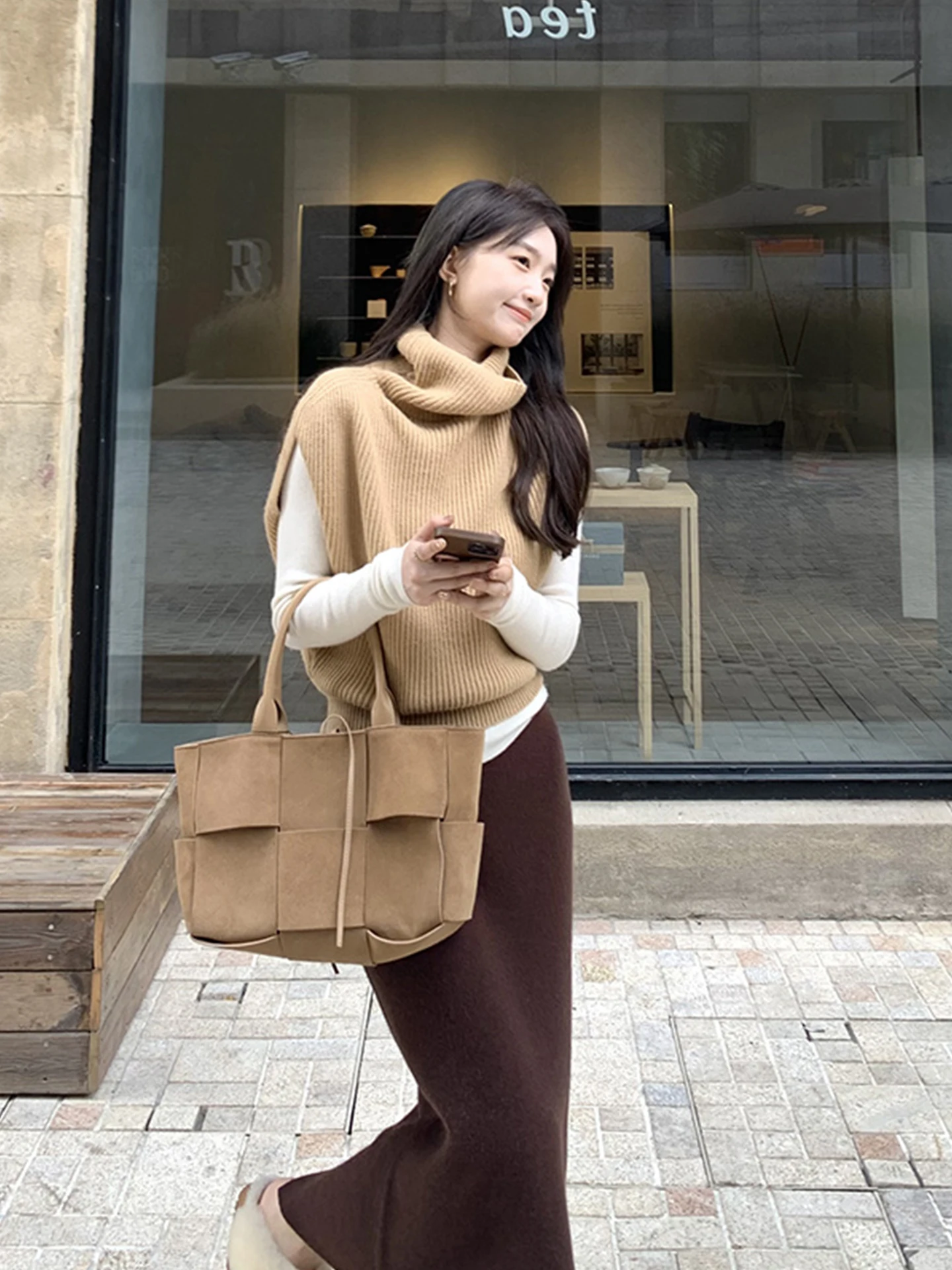 

Comfortable High Collar Knitted Sweater Retro Casual Sle Layering Pure Color Lazy Faion Top for Women Commute Wear