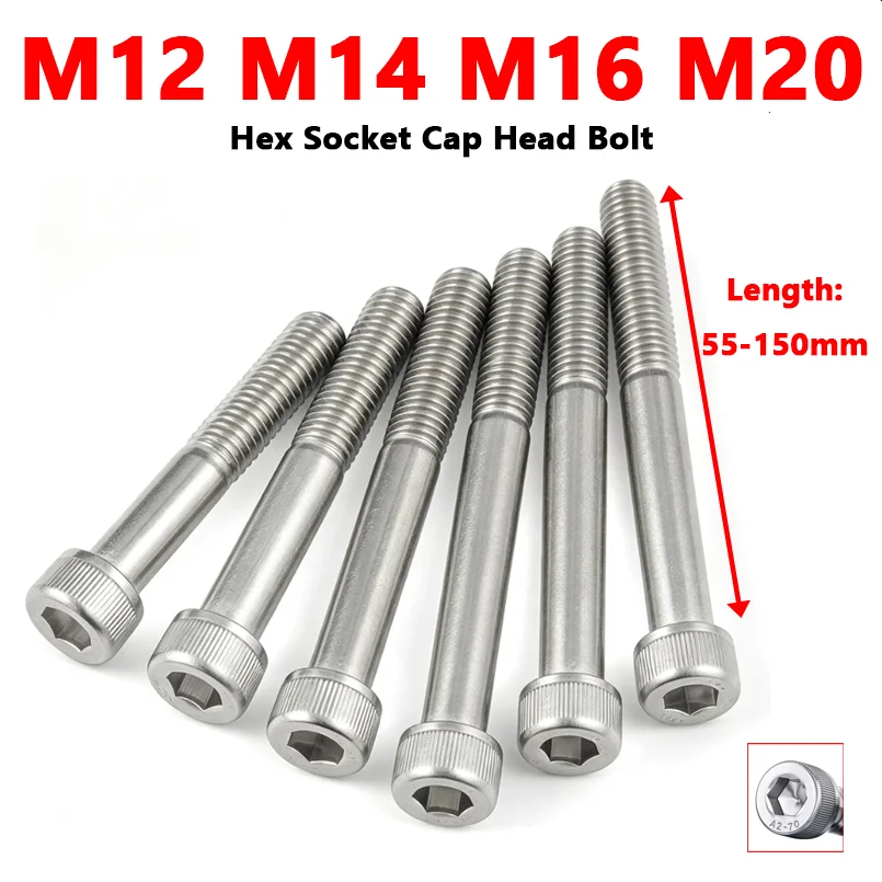 M12 M14 M16 M20 304 Stainless Steel DIN912 Hex Socket Cap Head Bolt Allen Cup Head Long Screw Partial Thread Length 55-150mm