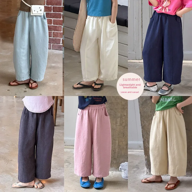 Summer Kids Lightweight Air‑Condition Long Pants Textured Wrinkle‑Look Breathable Anti‑Mosquito Casual Trendy Trousers