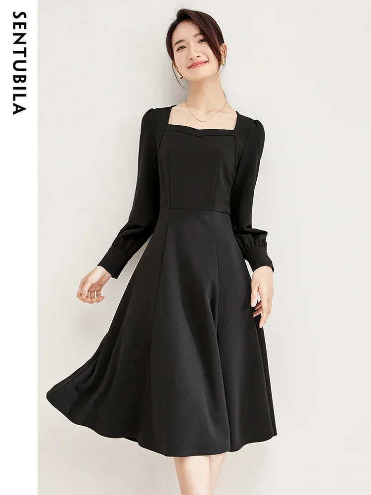 

SENTUBILA Square Collar Elegant Black Dress for Women 2025 Spring Fall Fashion Ladies Long Sleeve Flared Midi Dress 133L51336