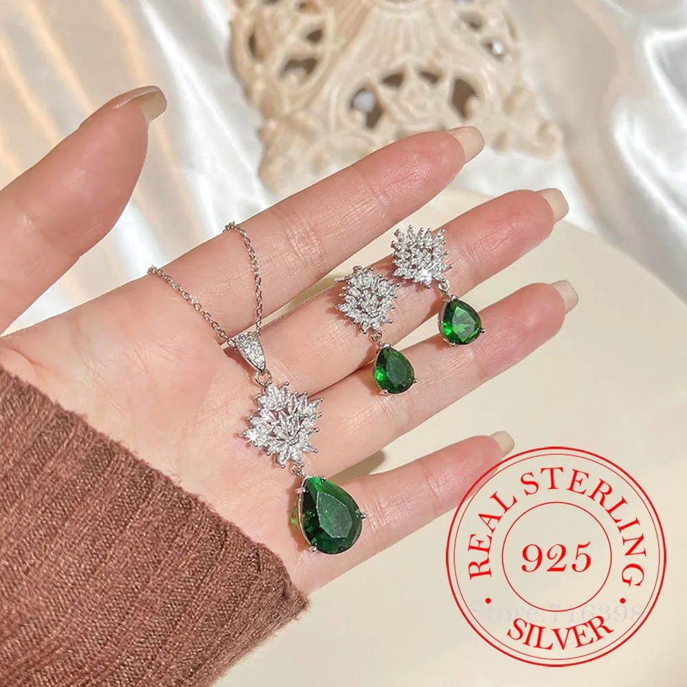 925 Sterling Silver Crystal Emerald Jewelry Set for Women Luxury Necklace Earrings for Women Wedding Party Pendient 2pcs Set