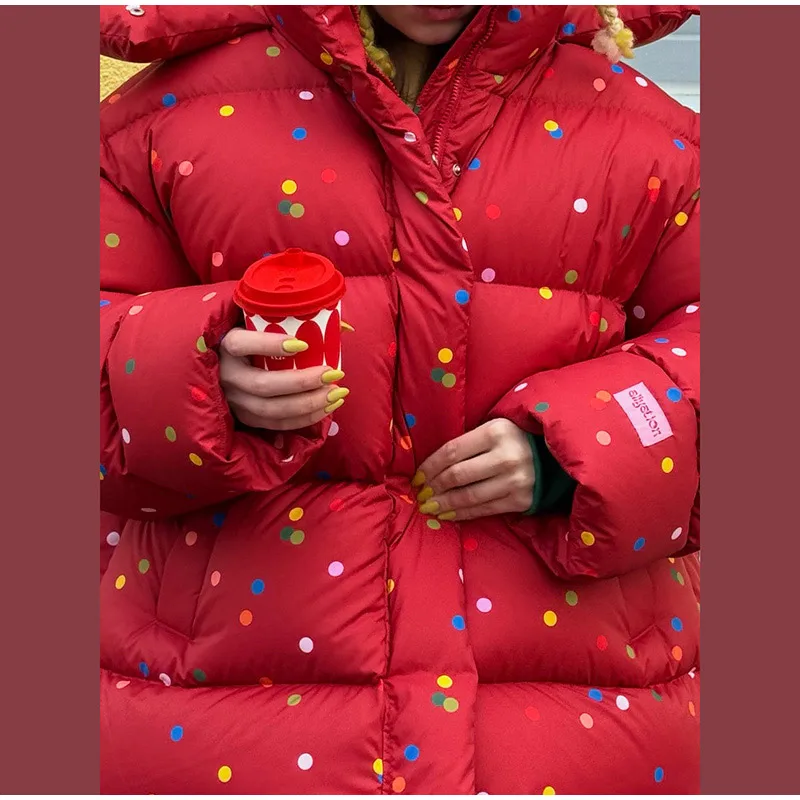 Polka Dot Padded Coat Color‑block Hooded Stand Collar Zipper Buttons Oversized Jacket 2026 Winter Women Warm Chic Casual Outfits