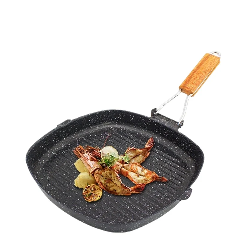 Steak Frying Pan 20/24/28cm Maifan Stone Non-Stick Outdoor Household Folding Steak Pot Thick Striped Bakeware Kitchenware