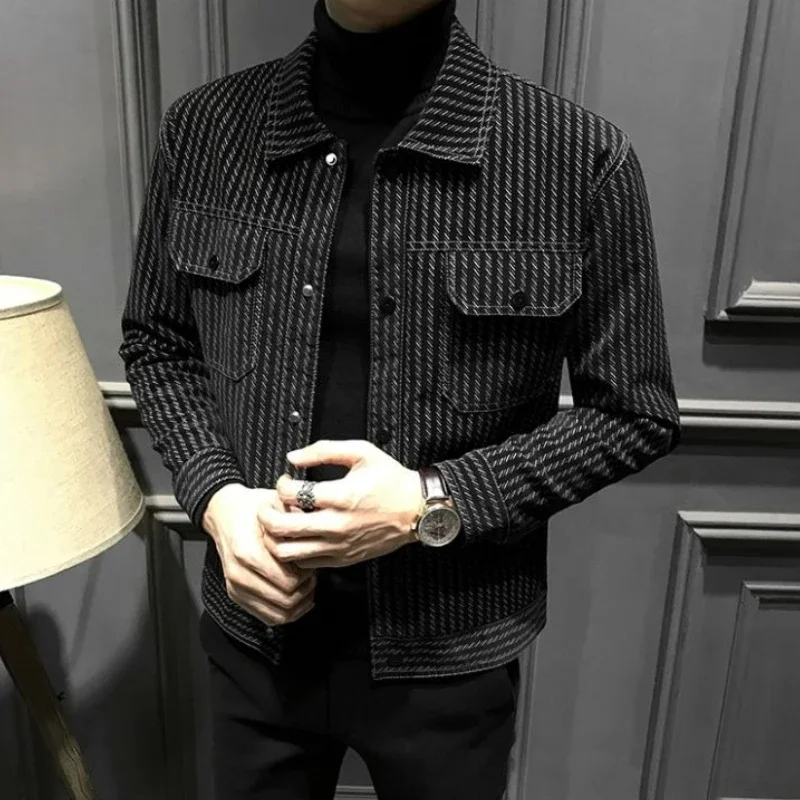 

​ Мужская приталенная куртка с узором «гусиные лапки», осень-зима 2025, приталенная деловая повседневная верхняя одежда с полосатыми карманами, теплая модная одежда ​