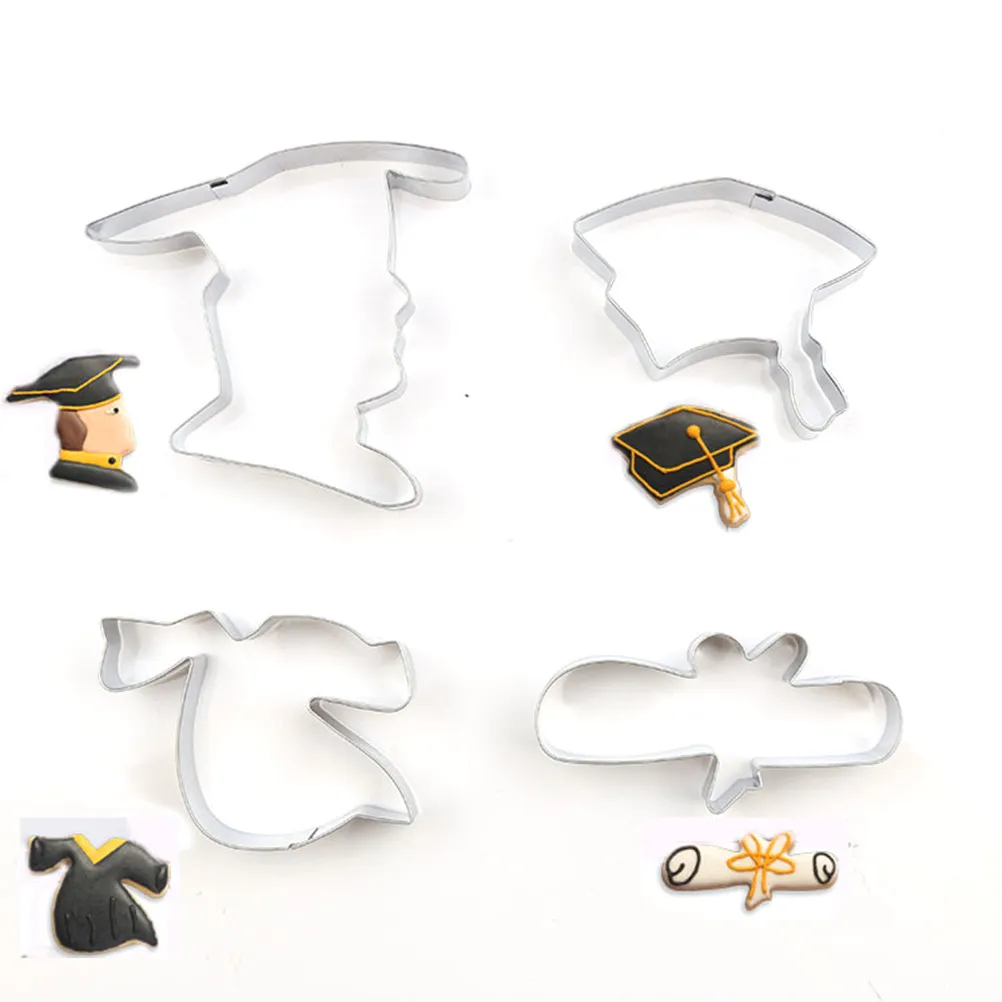4Pcs Rust Resistant Stainless Steel Cookie Cutters Graduation Theme Gown Certificate Hat Shape for Cakes Cookies Mousse Jelly