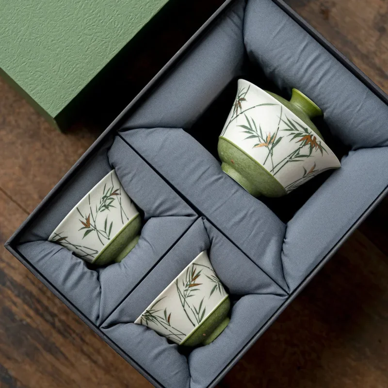 Hand-painted Gold-sprinkled Bamboo Ceramic One-cup Bowl and Two-cup Set Chinese Tea Set Gift Souvenir Colorful Tea Ceremony Cups
