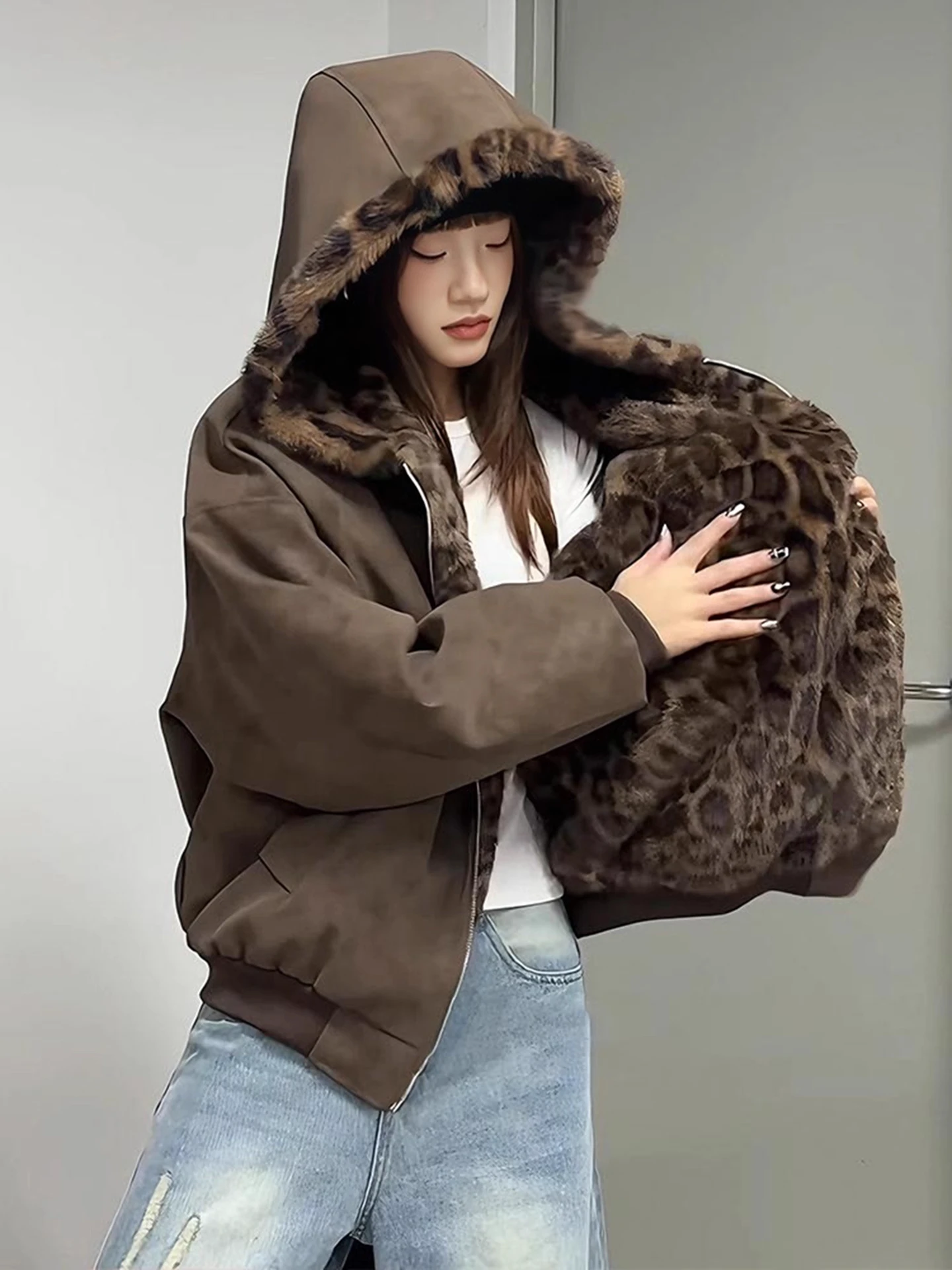 

American Retro Hooded PU Leather Jaet Double-Sided Wear Fce-Lined Thi ort Leopard Print Cotton Coat for Men And Women