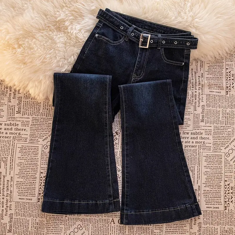 

Джинсы-колокольчики в стиле ретро High Street Spicy Girl, женские осенне-зимние джинсы-колокольчики с поясом, модные джинсы с низкой талией