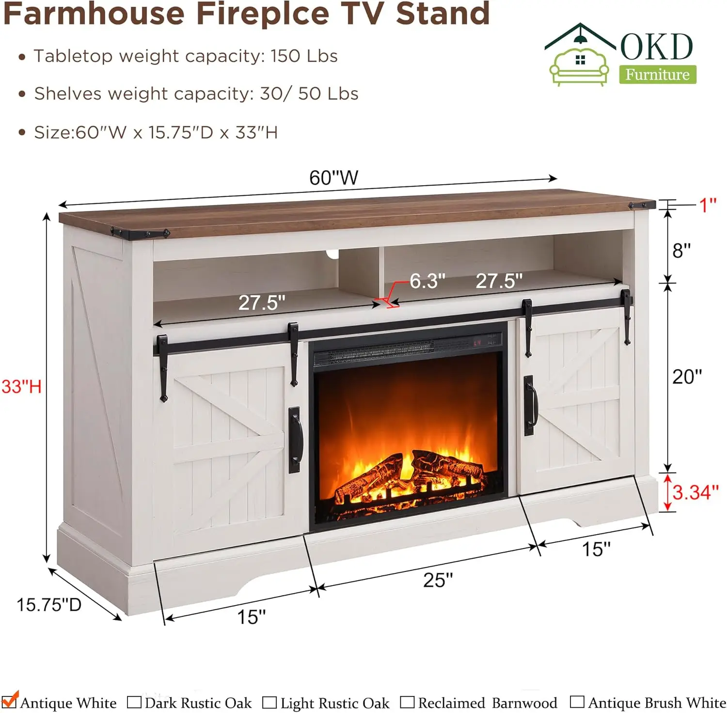 Fireplace TV Stand for 65+ Inch TV, 33