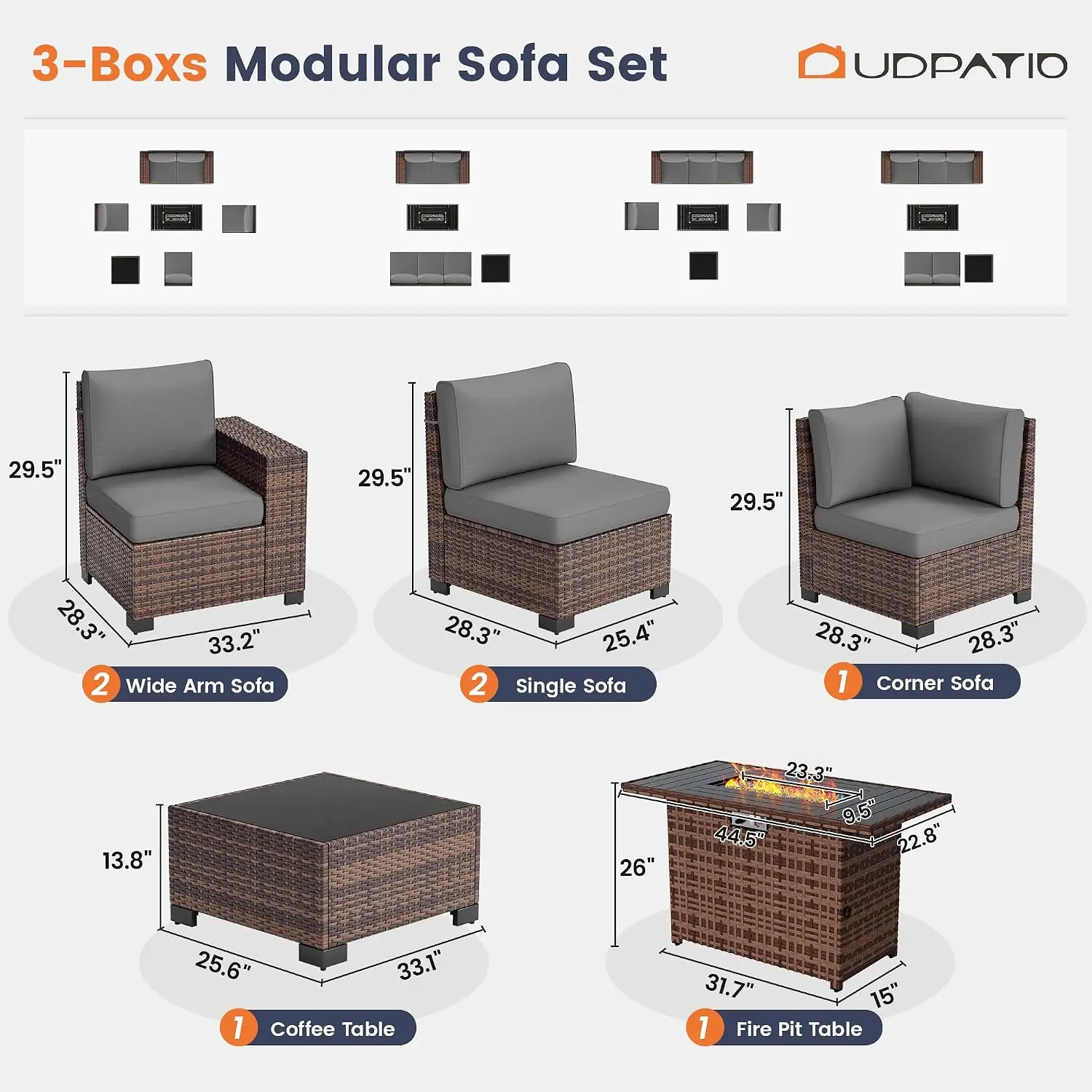 Outdoor Wicker Sectional Sofa Set with Fire Pit Table, 7-Piece All-Weather Patio Furniture with 8 Inch Armrest for Garden Backya