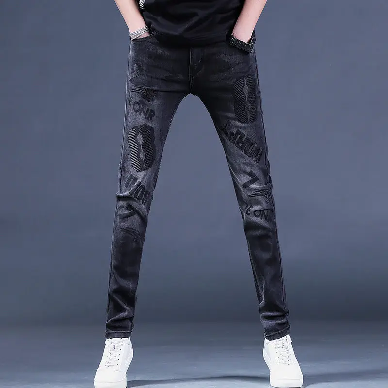Clothes Y2k Man 2000s Black Men's Jeans New Korean Fashion Slim Trend Embroidery Printing Versatile Elastic Small Feet Trousers