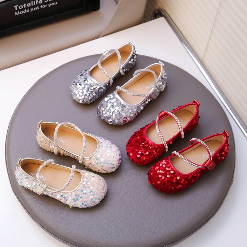 Fashion Girl Shoe 2025autumn New Sequined Princess Shoe Sweet Girl Party Dresses Soft Sole Kid Shoes Women Shoes Designer Shoes