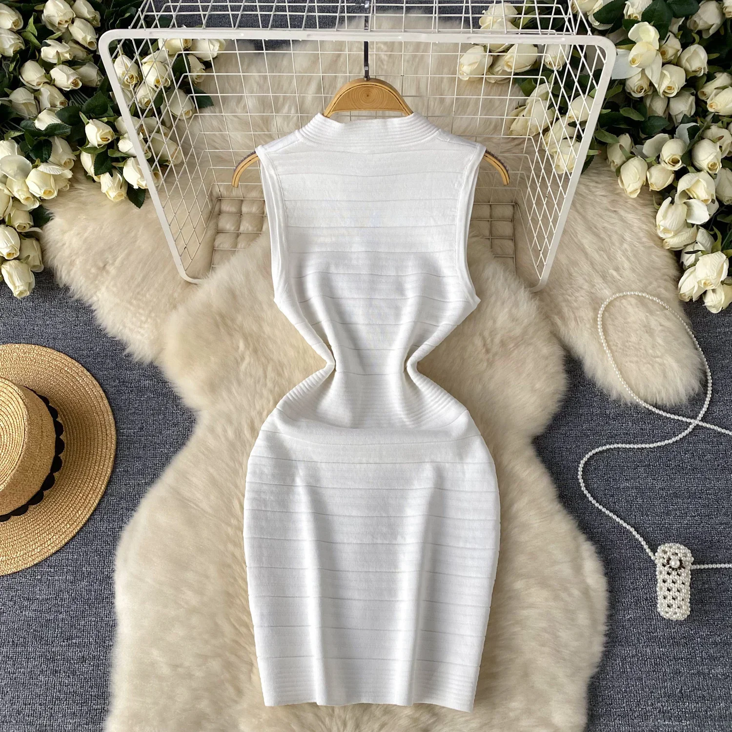 Summer New Bodycon Basic Women Knitting Dress Sleeveless V Neck Tank Ladies Elastic Waist Solid Streetwear Dresses