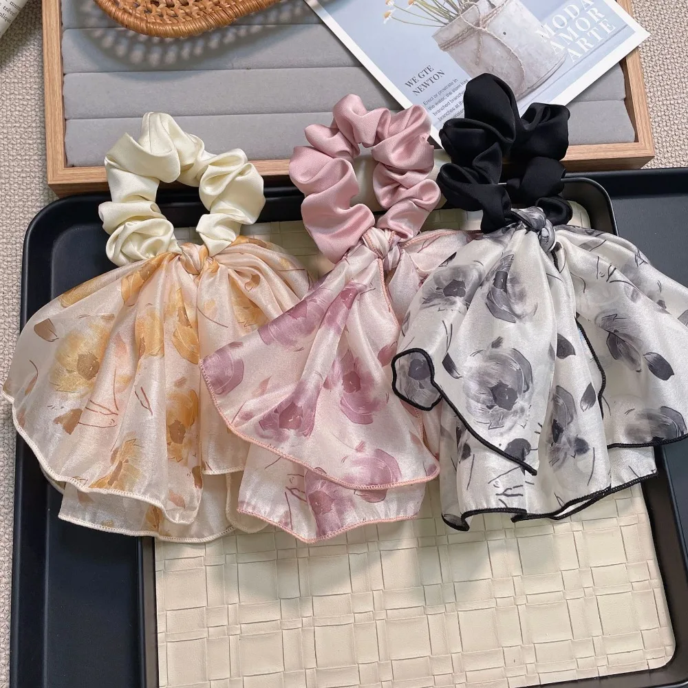 High Resilience Ink Painting Ruffled Scrunchie Elegant Floral Streamers Bow Streamer Headband Ponytail Holder Hair Accessories