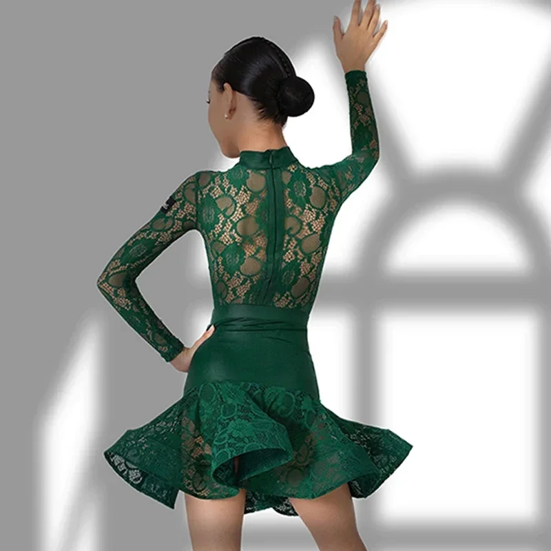 2023 Kids Latin Dance Clothes Long Sleeves Green Lace Dress Girls Ballroom Dance Competition Dress Latina Practice Suit BL11478