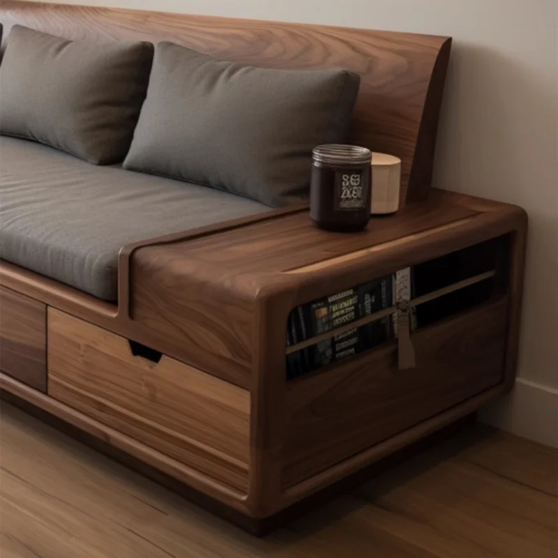 

Custom Simple Modern Black Walnut Sofa Set New Style Solid Wood Straight Row with Drawers Winter and Summer Dual-use Liv