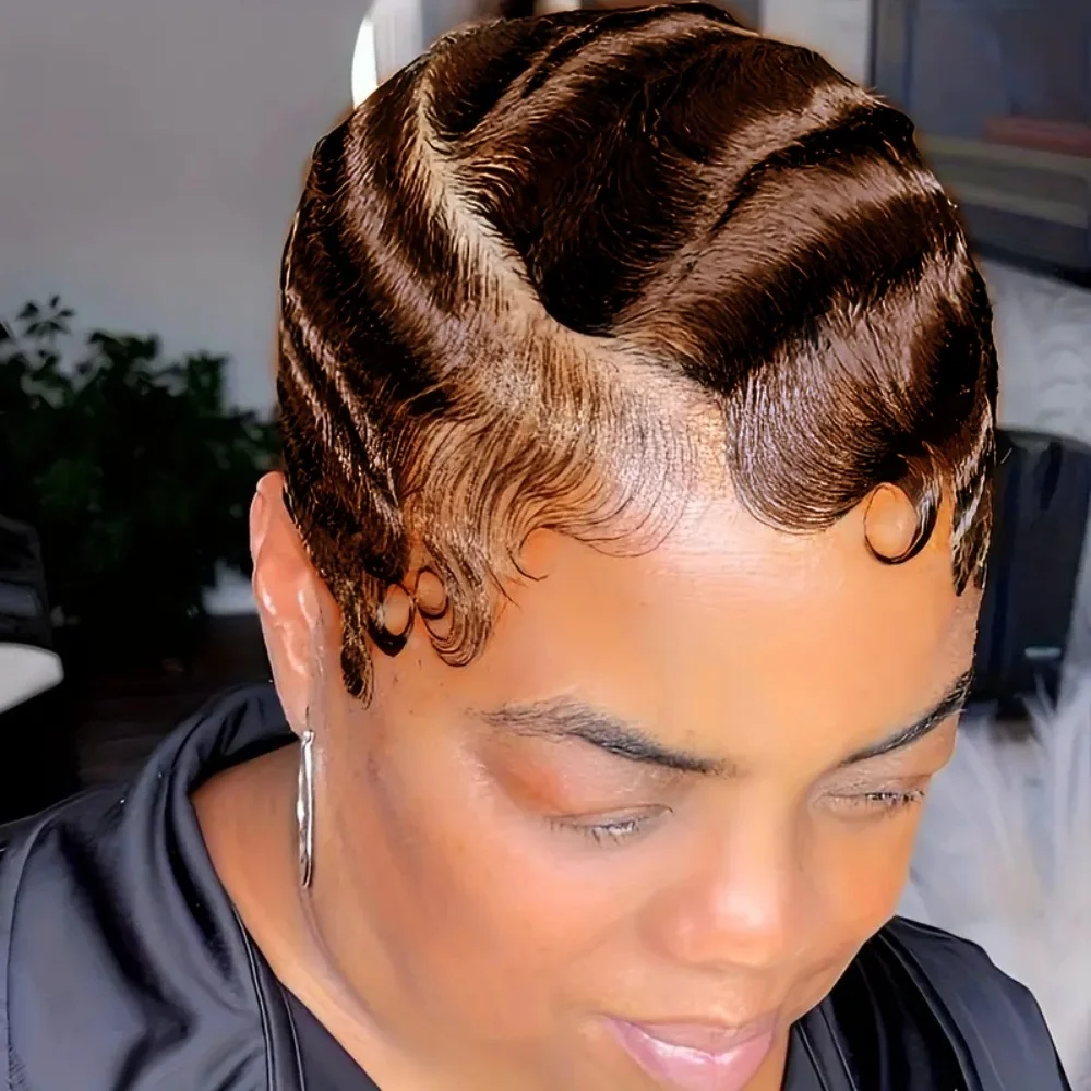 Short  Bob Pixie Cut 13x4 Lace Front Human Hair Wig for Women Finger Wave Texture Natural Look