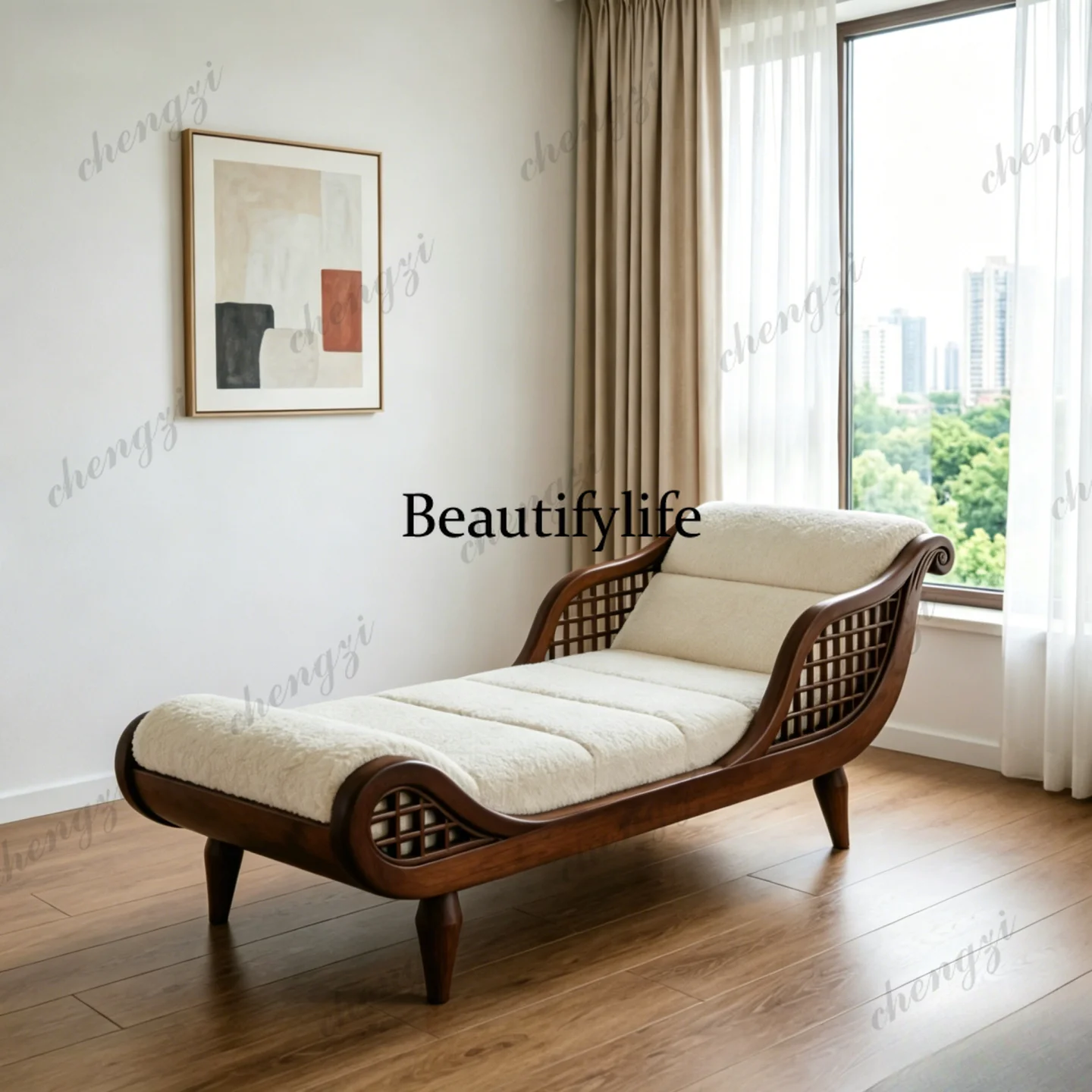 New Chinese ash wood chaise longue French recliner mortise and tenon engraving multi-functional storage solid wood