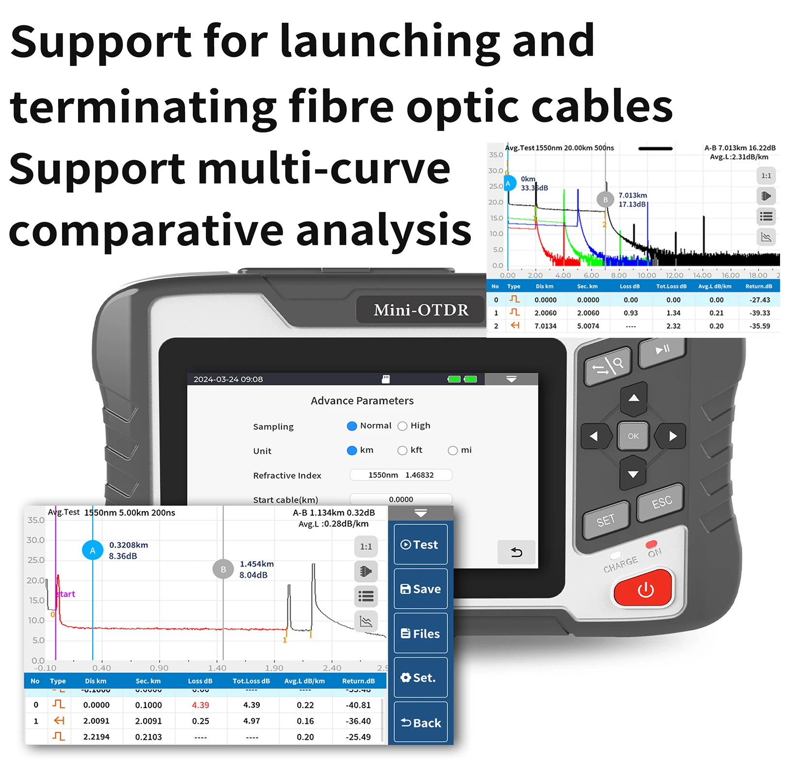 Mini testador portátil de fibra óptica otdr, faixa dinâmica de 26/24db 1310/1550nm com vfl ols opm para rede ethernet telecom/ftth/catv
