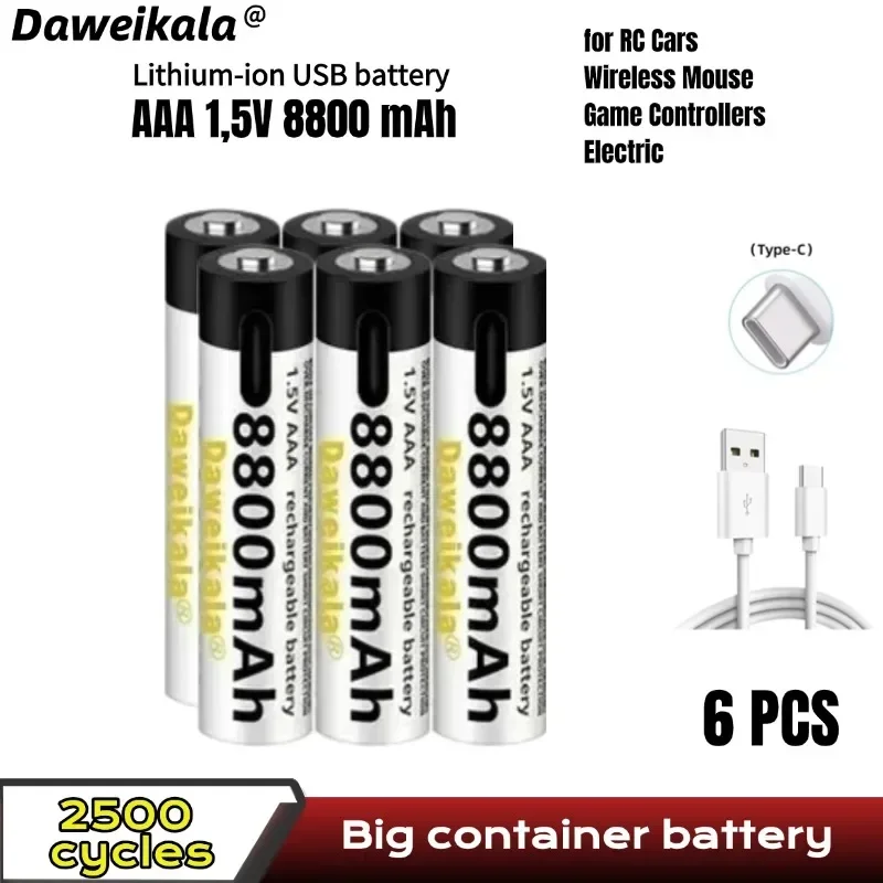 2025 nouvelle batterie USB-C 1.5V AAA batterie Li-ion à charge rapide 8800mAh pour télécommande souris batterie jouet électrique + câble type-c