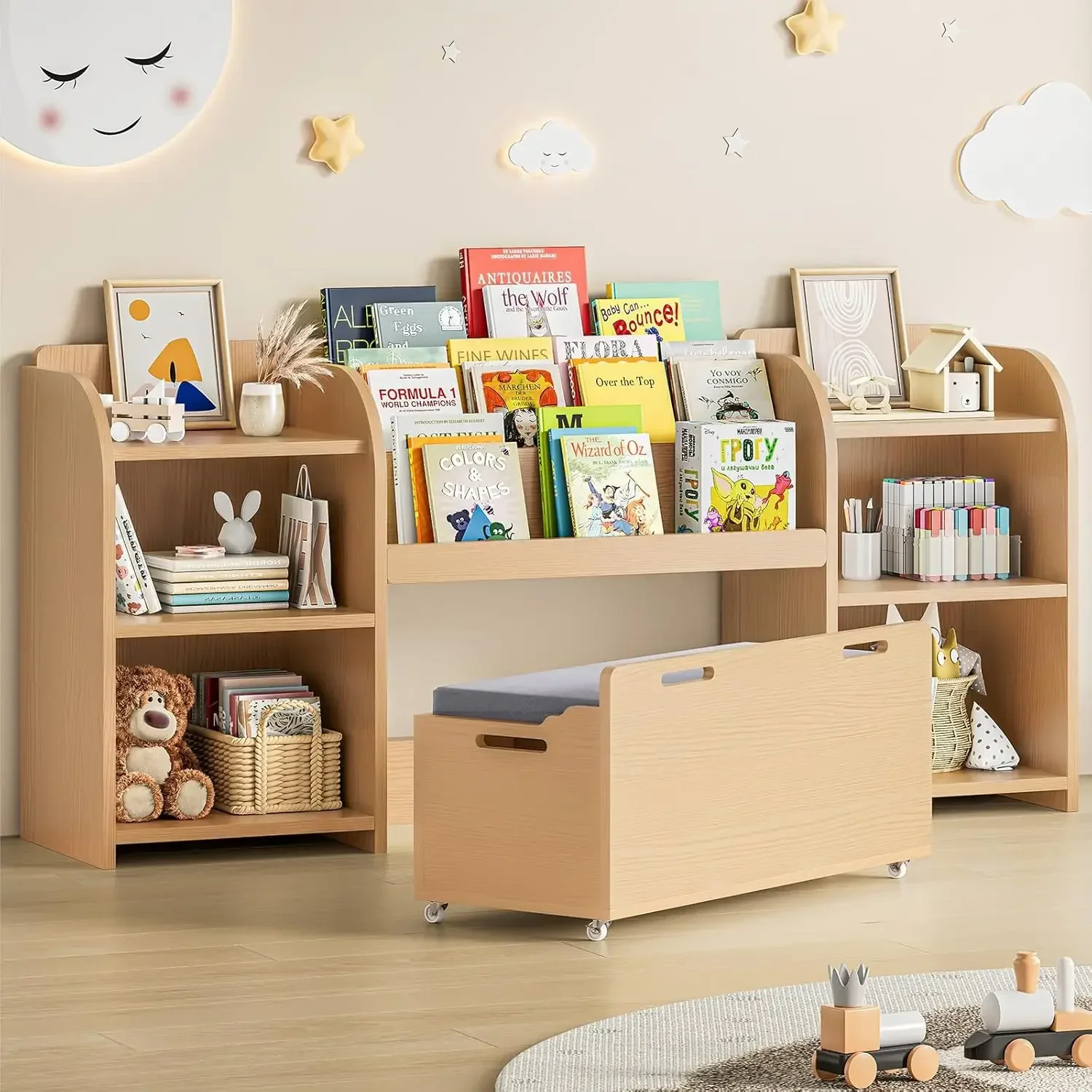 

Kids Reading Nook Bench Movable 3 Tier Bookshelf 6 Cubbies Toy Storage Chest Organizer Bedroom Playroom