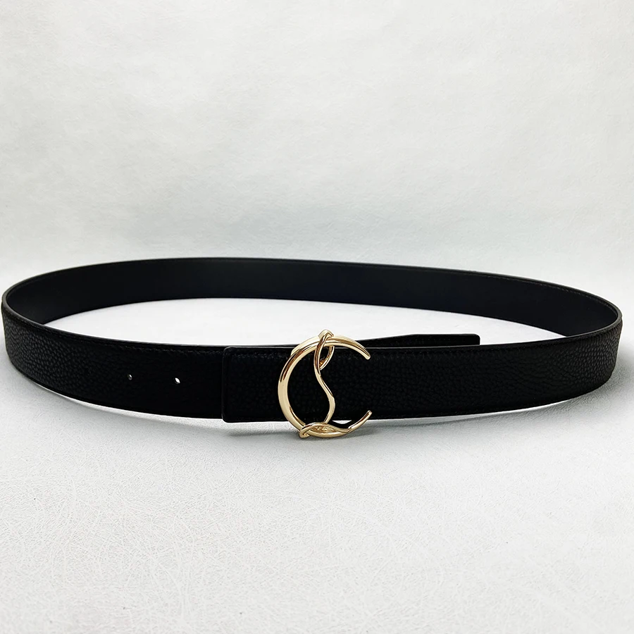 ​​2025 New Luxury Black Grain Leather Belt - Unique Curved Gold Buckle, Textured Strap for Men & Women, Fashion Dress Accessory​