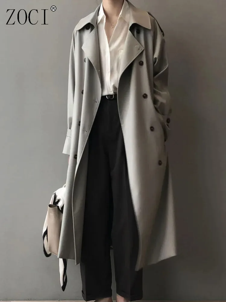 

ZOCI Double Breasted Belt Long Trench Coat Spring Back Rainproof Casual Loose Windbreaker For Women Gray Khaki 2025 New FC1299