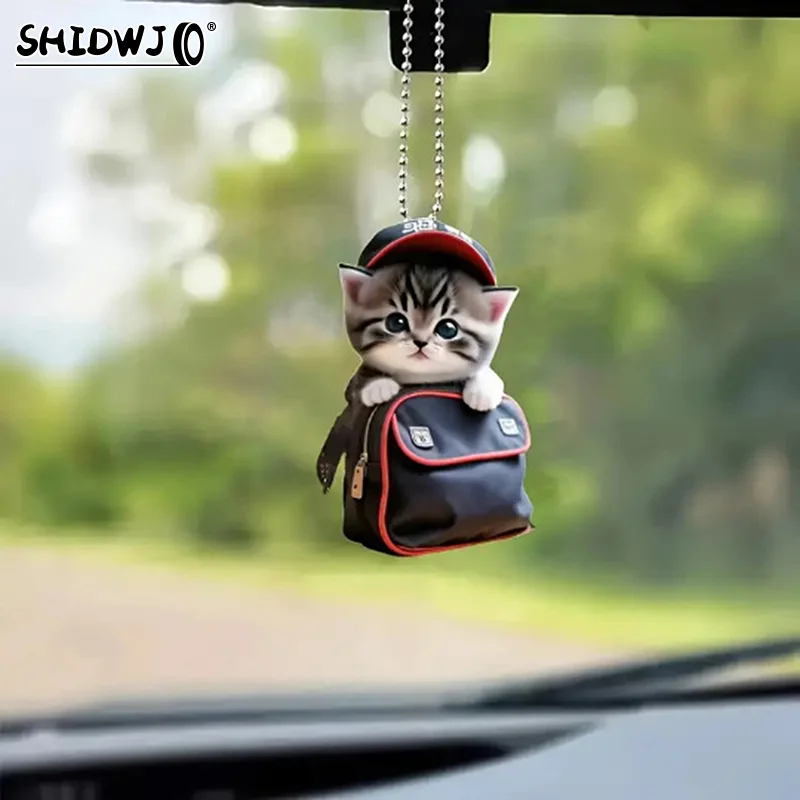 Car Hanging Pendant Rearview Mirror Decoration Backpack Cat-Shaped 2D Acrylic Hanging Ornament Car Interior Decor Handmade