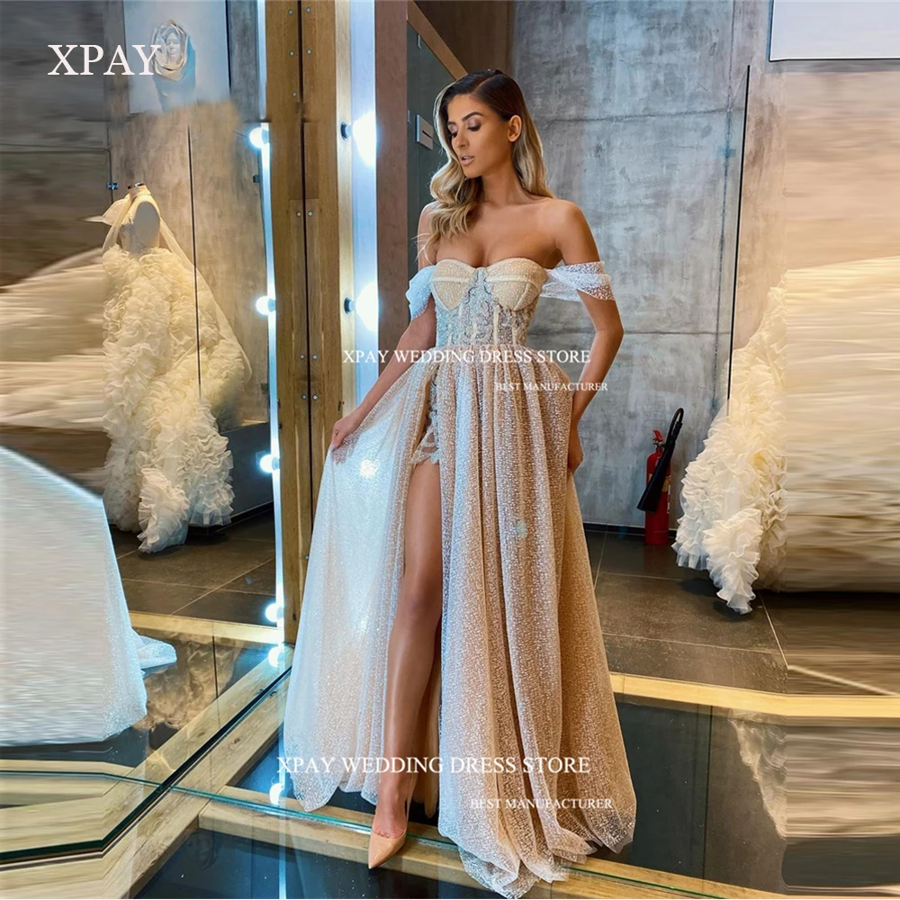 

XPAY New Exquisite Sequin Prom Dresses Off The Shoulder Sexy Split Lace Dubai Arabia Women Evening Gowns Cocktail Party Dress