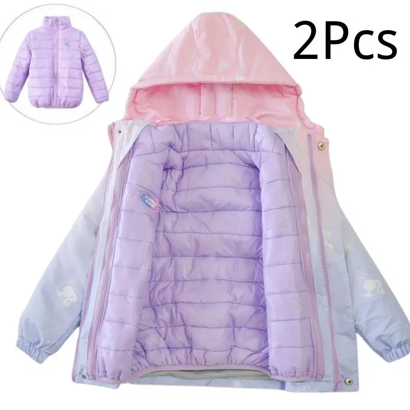 Girl's 3-in-1 Detachable Trench Coat Teenager Gradient Down Jacket Autumn Winter Windproof Children Outdoor Hooded Windbreaker