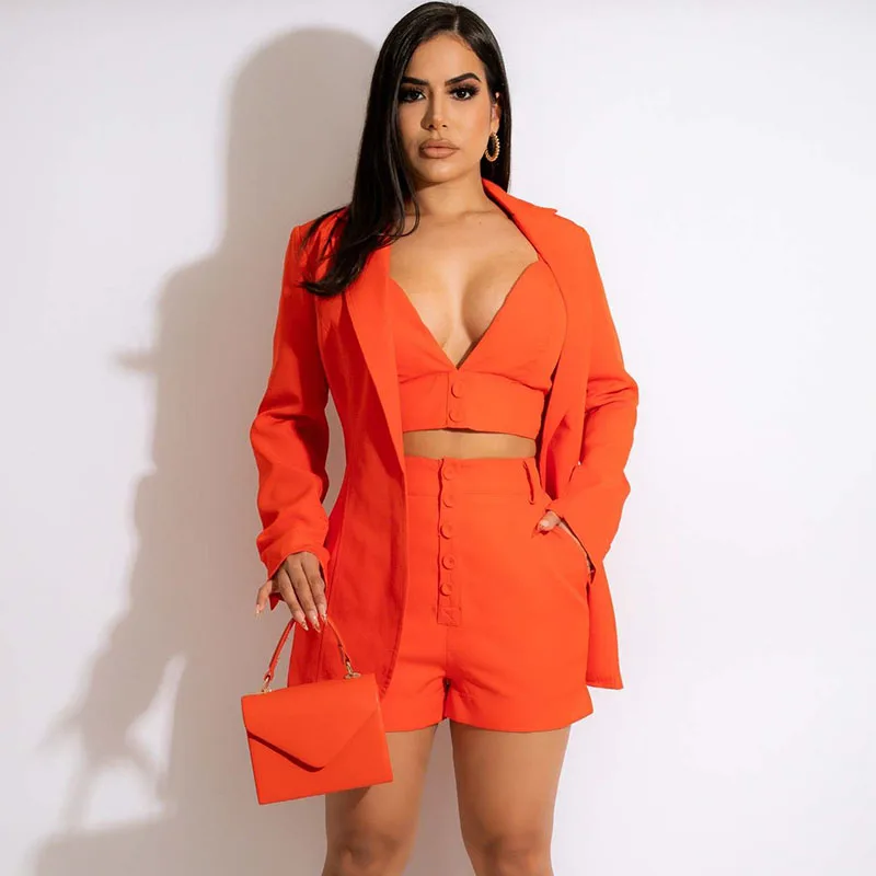 Autumn Office Lady 3 Piece Set Women Workwear Business Outfits Blazer Coat + Bra + Shorts Sets Elegant Fashion Matching Sets