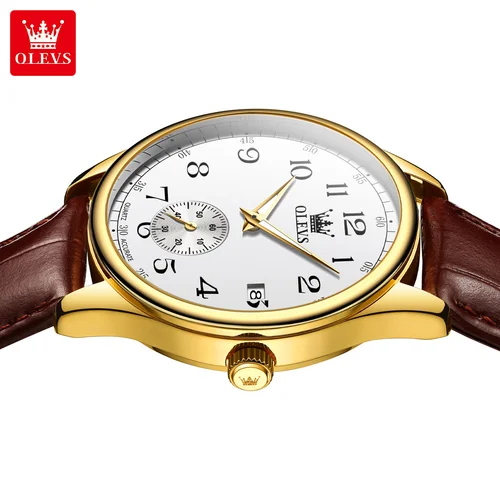 Imagen 2 del producto OLEVS 3622 Reloj cronógrafo de cuarzo para hombre, correa de cuero de moda, luminoso, resistente al agua, esfera Digital clásica, reloj de pulsera para hombre