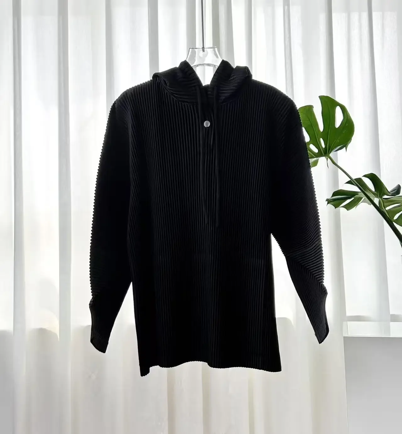 Miyake Women Pleated Hooded Top Drawstring Long Sleeve Loose Solid Color Vertical Pleat Blouse