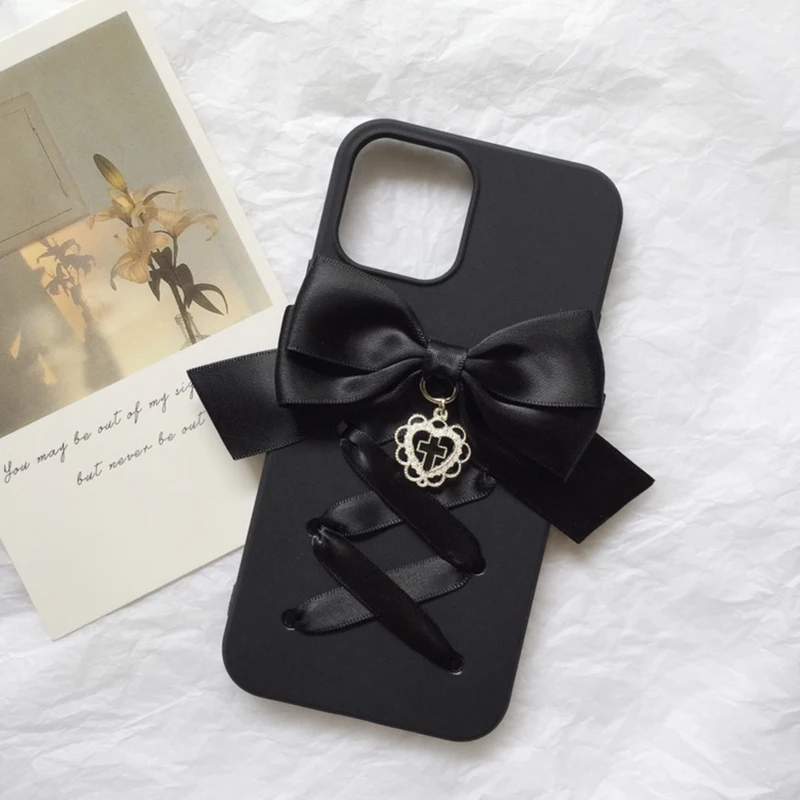 Harajuku كول الأسود الشريط Bowknot اليدوية جراب هاتف آيفون 1615 14 13 12 برو ماكس X XS XR غالاكسي القوطية Y2k غطاء أسود #2