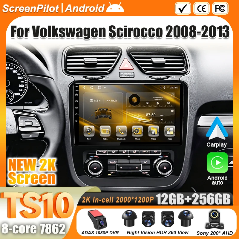 Android 16 For VW Volkswagen Scirocco 2008-2013 Car Radio GPS Navigation Android Auto Touch Screen Intelligent System Bluetooth