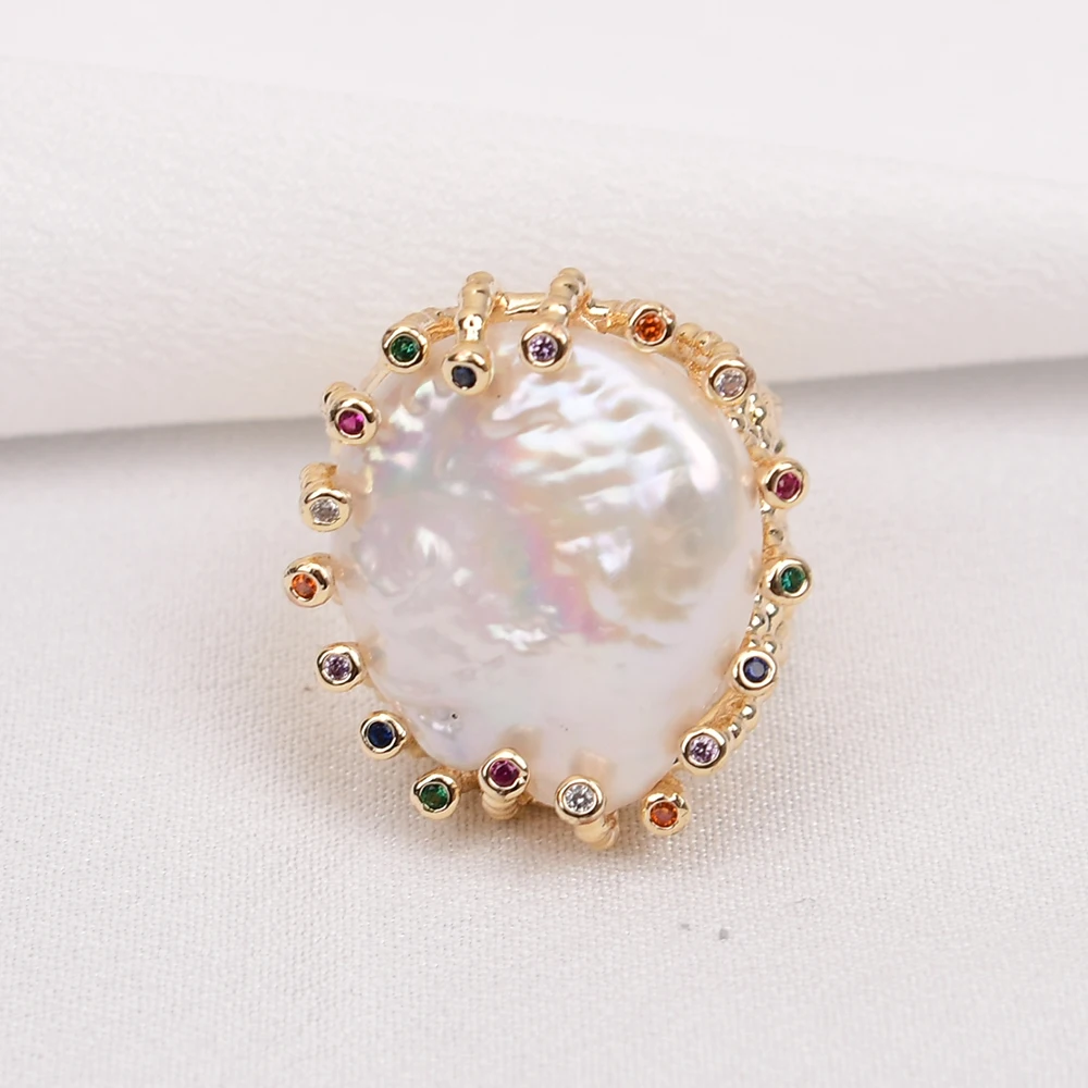 خاتم نسائي مطلي بالذهب ، مزيج الألوان ، مرصع بالزركونيا المكعّب ، عملة كيشي بيضاء طبيعية ، خواتم اللؤلؤ ، هدايا مجوهرات العيد