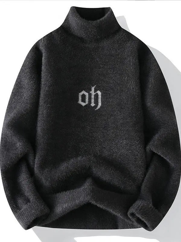 

Корейский мужской свитер с высоким воротником, с буквенным принтом, утепленный, теплый, вязаный, модный, универсальный, базовый, для студентов