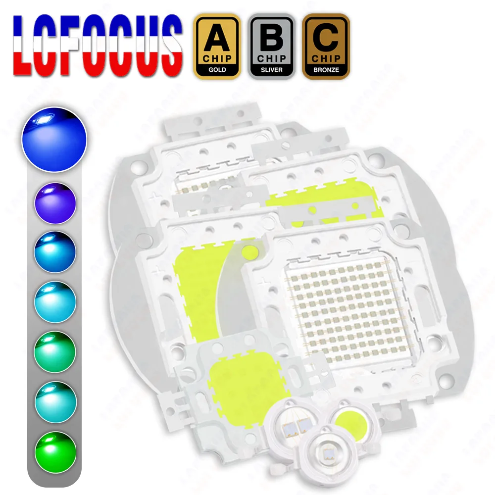 Chip LED COB de 1W, 3W, 5W, 10W, 20W, 30W, 50W, 100W, azul real, azul, cian, verde, azul lago, 440nm, 470nm, 480nm, 490nm, cuentas de luz, diodo