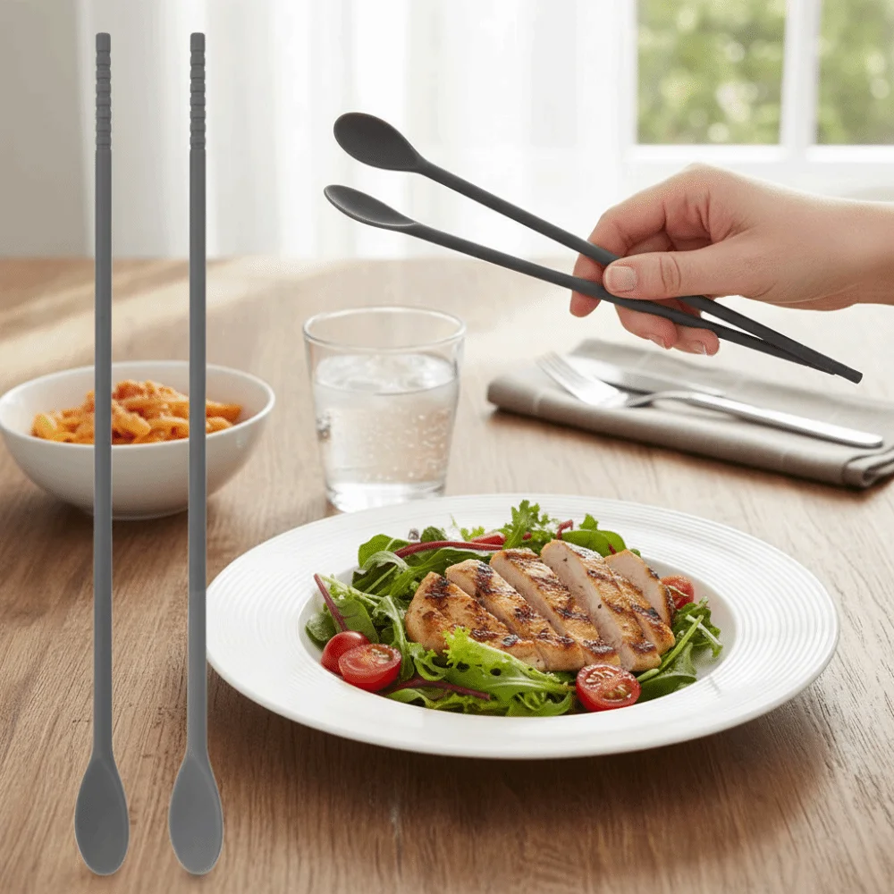1 Pair 2 in 1 Silicone Cooking Chopsticks Long Handle Heat Resistant Double-headed Stirring Stick Non-Slip Tea Spoon Drink