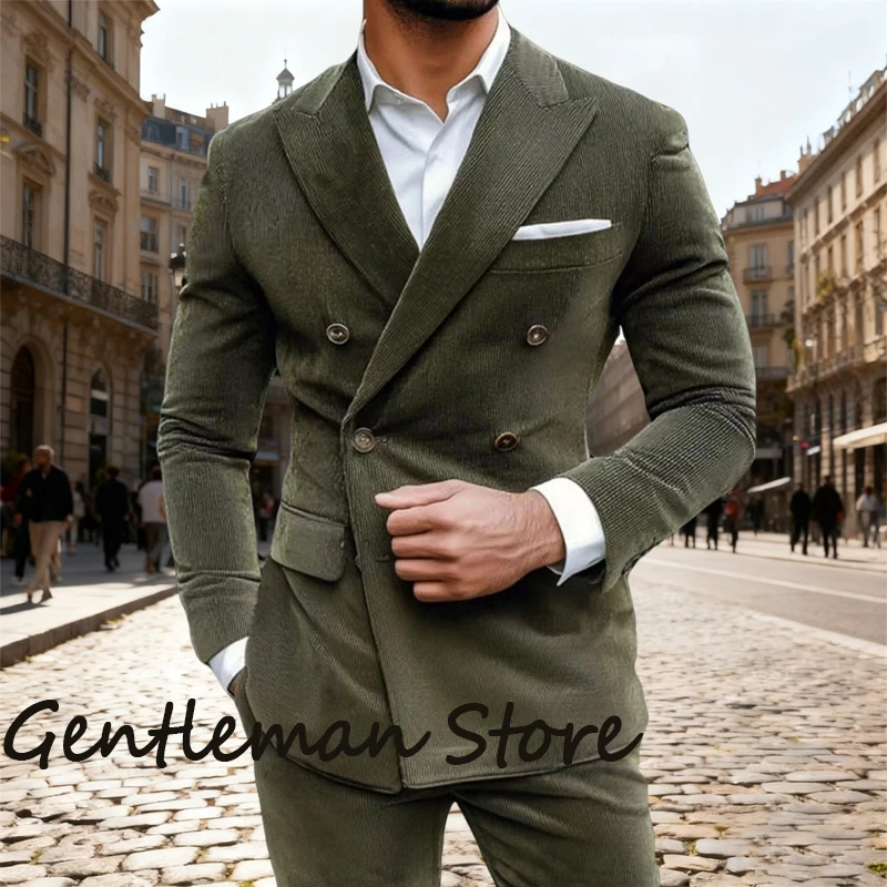 Fall 2-piece  Men's Suit Set Corduroy Double Breasted Suit Business Casual Tailored For Party Weddings Groom's Suit Jacket Pants