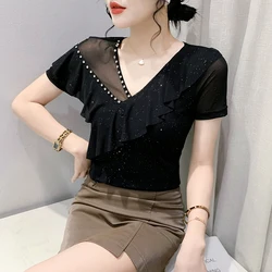 2023 New Summer Korean Clothes T-Shirt Women Fashion Sexy V-Neck Patchwork Mesh Rivet Tops Short Sleeve Ruffles Slim Tees 35049