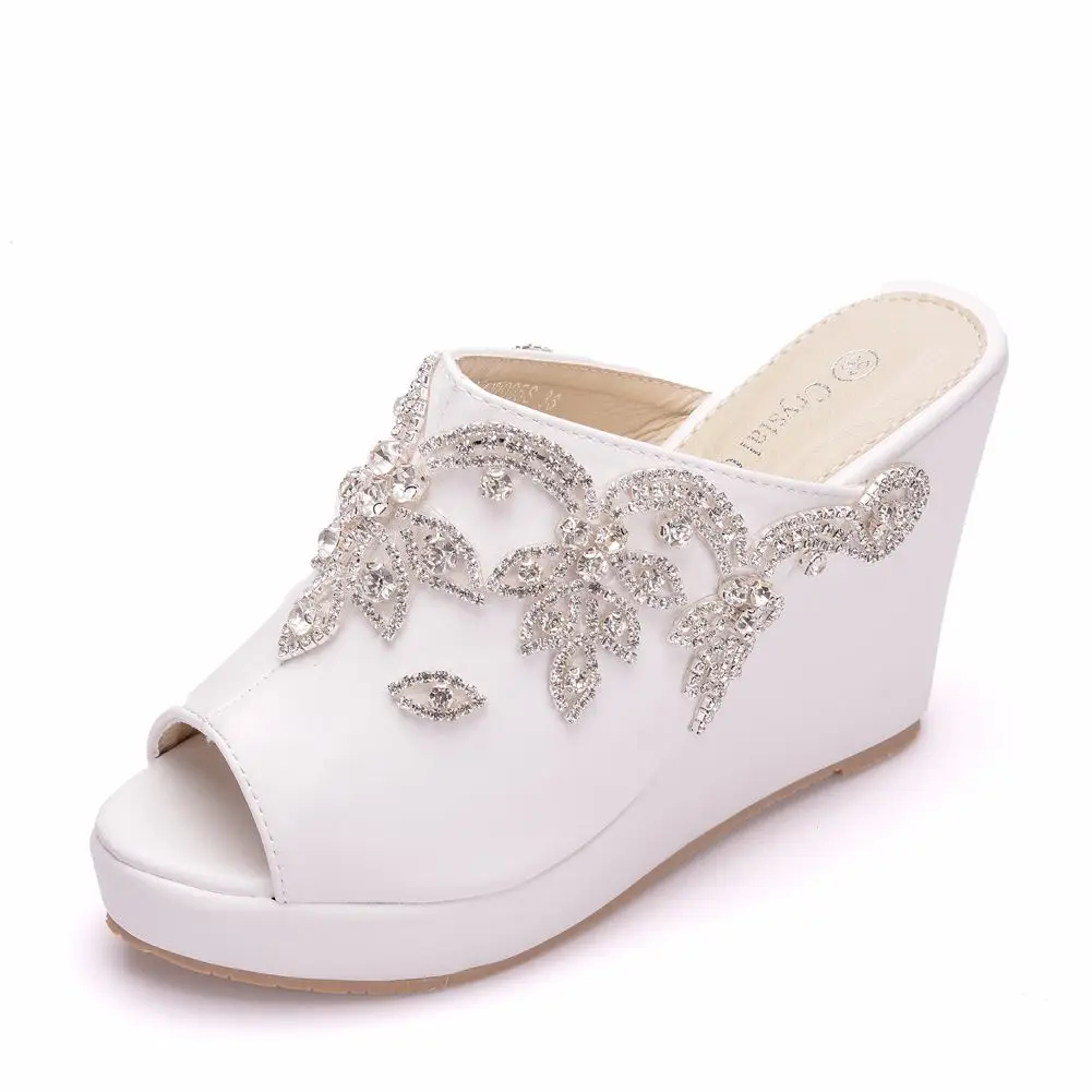 Crystal Queen Silver Rhinestone Peep Toe Platform Wedges High Heels Slippers Beach Sandals For Women Wedding Shoes